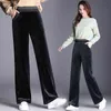 Invierno cálido pantalones de pierna ancha larga negro más tamaño 5xl 6xl para mujer altura cintura elástica oficina damas vellón suelto pantalones para mujer 210412