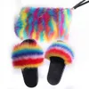 Woman Shoes Fluffy Plush Slippers Cute Faux Fox Slides Women Furry Handbag Ladies Fur Flip Flops Crossbody Bag Set C0330