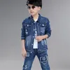 Moda adolescente meninos denim conjunto de roupas outono crianças jeans casaco e calças bebê menino esporte casacos casacos 20220302 h1