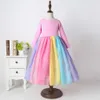 Yeni Moda Güz Kış Gökkuşağı Uzun Kollu Pamuk Renk Blok Sevimli Bebek Kız Pamuk Parti Elbiseler Çocuklar Için Prenses Kız Elbise Q0716
