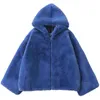 ロータロ冬の特大の暖かい青い柔らかいフェイクの毛皮のコートの女性の長袖ジッパーふわふわのジャケット緩い韓国のファッション211110