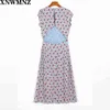 Femmes Summer Red Floral Imprimer Robe fendue Vintage Mousseline de soie Bleu Midi Robe Mode Dos nu Robes Robe 210520