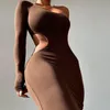 Casual Jurken Dames Elegante Solid One Shoulder Midi Dress Hollow Out Long Sleeve Fashion Skinny Sexy Festival Party Club