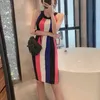Yellow Rose Red Sleeveless Knitted Striped Patchwork Halter Tank Sexy Knee Length Dress Club D1361 210514