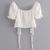 Vintage Chiffon Ruched Women Toppar och Blusar Puff Sleeve Lace Up White Crop Tops Chic Ruffle Holdiday Black Blouse Shirt 210415