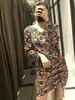 Women vintage v neck flower print side pleated drawstring slim mini dress female long sleeve knitted vestido chic Dresses DS4138 210603