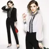 Moda Şifon Kadın Bluz Zarif Standı Yaka Uzun Kollu Nakış Dantel Gömlek İki Adet Ofis Tops 710J 210420