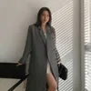 Frauen Windjacke Minimalist Graben Elegante Mäntel Frühling Vintage Solide Grau Französisch Lange Anzug Jacke Weibliche Kleidung 210608