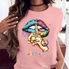 Womens Designer T-shirt Summer Fashion Lip Printing Digital Short Sleeve Shirts Solid Color Tops Plus Size Women Clothing S-3XL