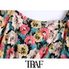 Traf Women Chic Fashion z Buttons Floral Print Mini sukienka Vintage V Szyjka Kobiece Sukienki Vestidos Mujer 210415