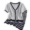 Kimutomo Spring Knent Suit Korean Fashion V-Neck Krótki Rękaw Sertigan + Kontrast Stripe Elastyczne Talii Spódnica Dwuczęściowy zestaw 210521