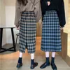 Rimocy coréen Plaid Midi jupe femmes automne hiver taille haute fendue jupes en une étape femme Harajuku étudiants jupes longues 211120