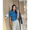 Puff Sleeve Retro Striped Crew Neck Short-sleeved Sweater Women INS Thin Hollow Out Knitwear Summer Vintage Top 210519