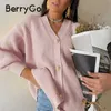 BerryGo Casual V-Neck Stickad Kimono Cardigan Kvinnor Höst Vinter Lantern Sleeve Knapp Kvinna Streetwear Tröjor 211011