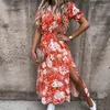 2021 elegante zomer dame korte mouw split maxi jurk mode bloemen print strand feestjurk vrouwen sexy v hals knop lange jurk x0521