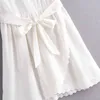 Mulheres Lace Retalhamento Branco Vestidos de Algodão de Manga Curta Sólida Casual Sashes Feminino O Pescoço Verão Elegante Mini 210515