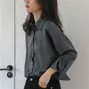 Ol elegante vintage cinza camisa femme outono inverno lapela de mangas compridas blusas soltas plus size mulheres roupas 210421