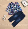 Toddler Baby Girl Clothing Sets Långärmad Leopard Print Ruffle Round Neck Tops Ripped Denim Jeans 2pcs Outfits