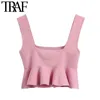 Traf Femmes Sweet Fashion Ruffled Cropped Blouses tricotées Vintage Col carré Sans manches Bretelles Femme Chemises Chic Top 210415