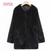 Höst Kvinnors Vintage Faux Fur Kvinna Jacka Svart Långärmad Rund Neck Lång Varm Coat 210507