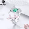 BISAER 925 Sterling Silver Bird Hummingbirds Greeting Finger Rings Clear CZ Flower Adjustable for Women Wedding EFR016 211217