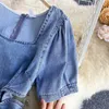 Chic Hollow Out Vita Denim Dress Donna Coreano Moda Estate Manica corta Colletto quadrato A-line Jeans Vestidos 210603