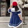 Japanska sommarkvinnor Lolita Princess Dress Peter Pan Collar High midja Elegant Flare Sleeve Kawaii Ruffles 210520