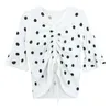 White Polka Dot V Neck 3/4 Three Quarter Sleeve Flare Women Chiffon Drawstring Shirt Blouse Black B0091 210514