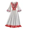 Retro styl etniczny Haft Tassel Koronki Bawełna i Pościel Vestidos Kobieta V-Neck Rękaw Puff Duże Midi Dress GK857 210506