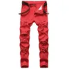 2021 Yüksek Kalite Marka Hip Hop El Denim Erkekler Moda Delik Kırmızı Fermuar Pantolon Tasarımcı Kot Ince Casual Düz Fit Erkekler
