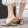 Kvinnor Skor Crystal High Heels Tofflor Runda Toe Slides Lady Cutouts Tjock Hälsa Sandaler Sommar Golden Sliver Storlek 3-12 210517