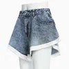 [Eam] Kvinnor Denim Blue Ruffles Stitch Wide Leg Shorts Hög midja Lös passform Byxor Mode Vår Sommar 1Y104 210719