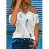 Sommar V-Neck Off Shoulder Tops Feather Print T-shirt Casual Kvinnor Skjorta Vintage Loose Short Sleeve Pullover Tshirt 210623