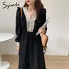 Syiwidii Velvet Dresses for Women Lace V Neck Vintage Birthday Party Dress for Women Winter long sleeve korean midi dress 210417