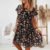 Foridol casual floral print zomerjurk ruche boho losse extra grote korte jurk o hals zwarte chiffon jurk kleding vrouwen 210415