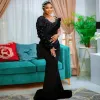 Robes de soirée sirène en velours noir pour les femmes arabes Sheer manches longues en dentelle Appliques Plus Size Formal Prom Pageant Robes