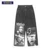 Streetwear Abstract Funny Jeans Patchwork Printed Hip Hop Wide Leg Pants Men High Street 220222