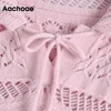 Doux nœud papillon rose pull femmes été col rabattu tricoté hauts pullover à manches courtes évider pulls 210413