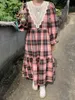 Lente vrouwelijke losse casual ronde kraag lange mouw over knie patchwork kant lambrised plaid plus size jurk 8y522 210510