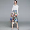 Verão moda saia saia terno feminino manga flare sólido camisa branca + hight cintura irregular impressão saias de duas peças conjuntos 210514