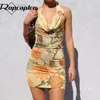 Rapcopter y2k Floral Mini Dress Metal Ruched Backless Sexy Halter Sundress Retro Party Boho Bodycon Dress Women Beach Holiday Y1006