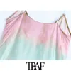 Traf Women Chic Fashion Tie-Dye Print voorste spleet Midi Dress Vintage Backless dunne riemen vrouwelijke jurken Vestidos Mujer 210415