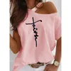 Sexig Off Shoulder Summer Plus Storlek T-shirts Kvinnor Skriv ut Casual Short Sleeve O-Neck Pullovers Tops Fashion Street Tee