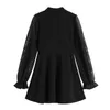 Siatka Siatka Sukienka Black Crop Kobiety Lapel Latarnia Z Długim Rękawem Elegancki Mini Vestidos Kobiet Party Club Stylowe Krótkie Frocks 210417