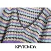 Women Fashion Color Striped Cropped Knitted Sweater V Neck Lantern Sleeve Female Pullovers Chic Tops 210420