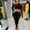 2 Piece Set Tracksuit Women Casual Turtleneck Long Sleeve Crop Tops Sets Womens Outfits Autumn Tie Dye Print Club 210520