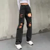 Heyoungirl buraco rasgado mulher negra afligida jeans casual hip hop calças de cintura alta Capris bolso reto denim calças senhoras H0908