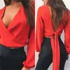 Mulheres gravata back top blusa profundo vice-pescoço chiffon chiffon camisa de manga longa sexy preto vermelho branco feminino blusas 210514
