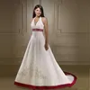 Vintage burgundy and White Gothic Wedding Dresses Halter Stain Beaded Embroidery Lace-up Back Court Train Country Wedding Gown