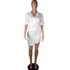 Vit Ruched Pleated Bodycon Dresses Kvinnor Drawstring Kortärmad Mini Klänning Solid Basic Skinny Casual Shirt Deep V Neck Kjol